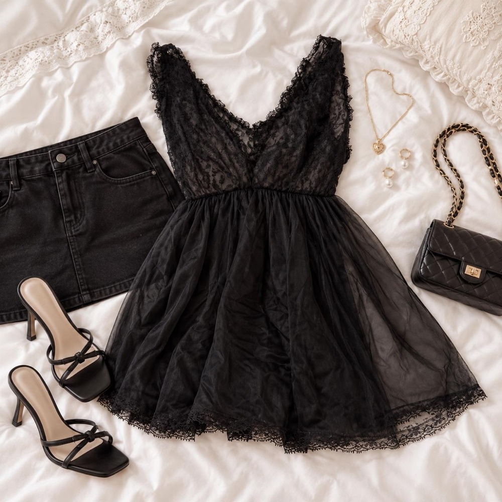 60s black lace babydoll top